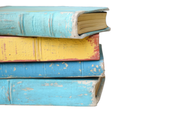 A stack of three vintage books with faded, painted covers in shades of blue, yellow, and teal showing significant wear and age