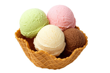 Four colorful ice cream scoop in waffle bowl, delicious and refreshing dessert treat