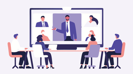 Illustration of a virtual meeting with people on a large screen and attendees seated at a table together