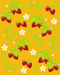 Seamless Strawberry plant with white flower pattern textured pastel color for wallpaper background. hand drawn for printable or wrapping