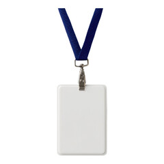 A blank identification badge with a blue lanyard and metal clip.