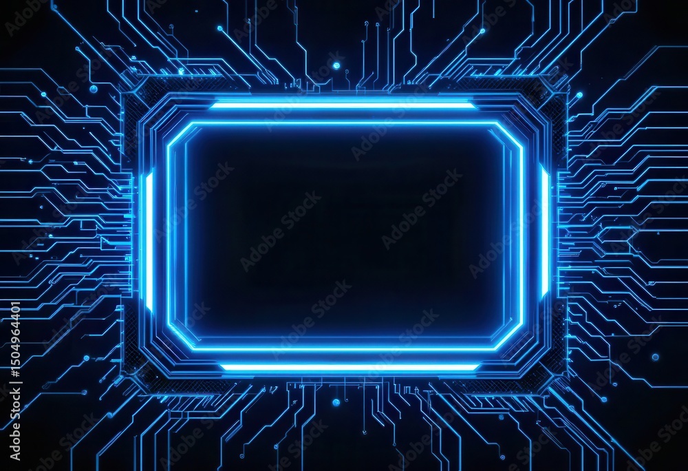 Poster digital circuit design showcasing luminous blue elements and intricate patterns