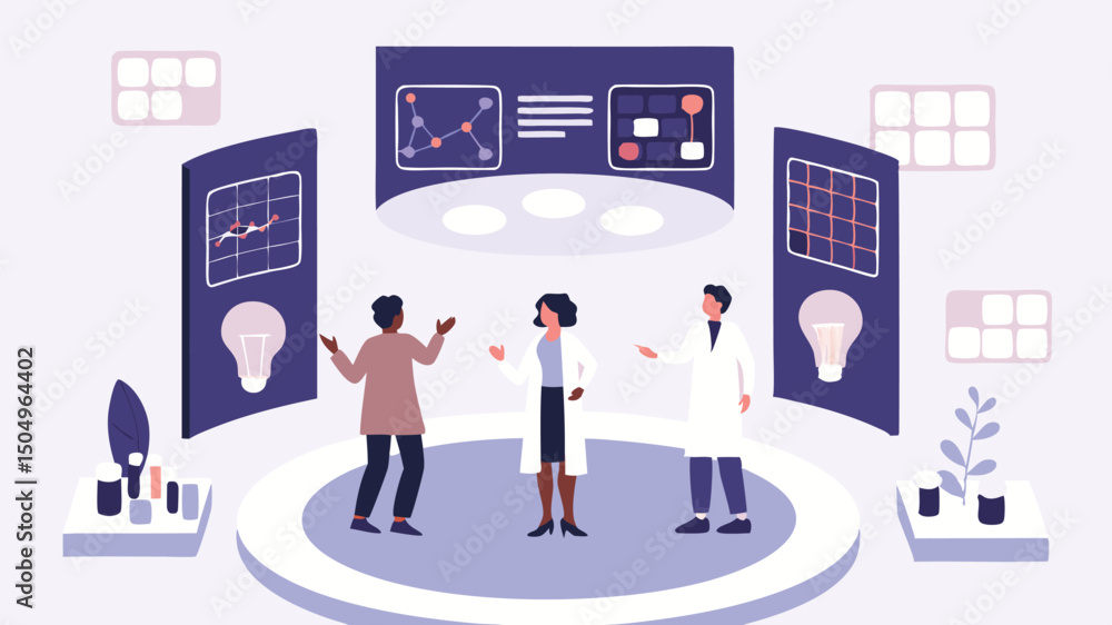 Aufkleber illustration of three people in a futuristic lab with screens displaying data and light bulb icons a