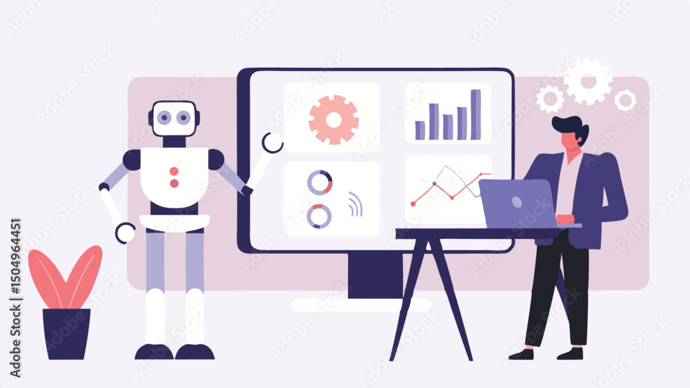 Poster a robot and a man presenting data on a screen with a laptop in a light purple and white background s