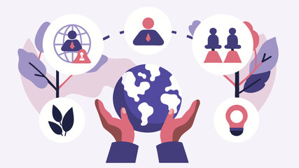 Illustration of hands holding a globe with icons of people and leaves in a stylized design scheme