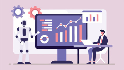 Illustration of a robot and a man analyzing data displayed on a large monitor with gears above it