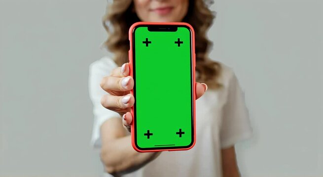 Woman Holding Smartphone with Green Screen Mockup Perfect for App Presentation or Digital Marketing