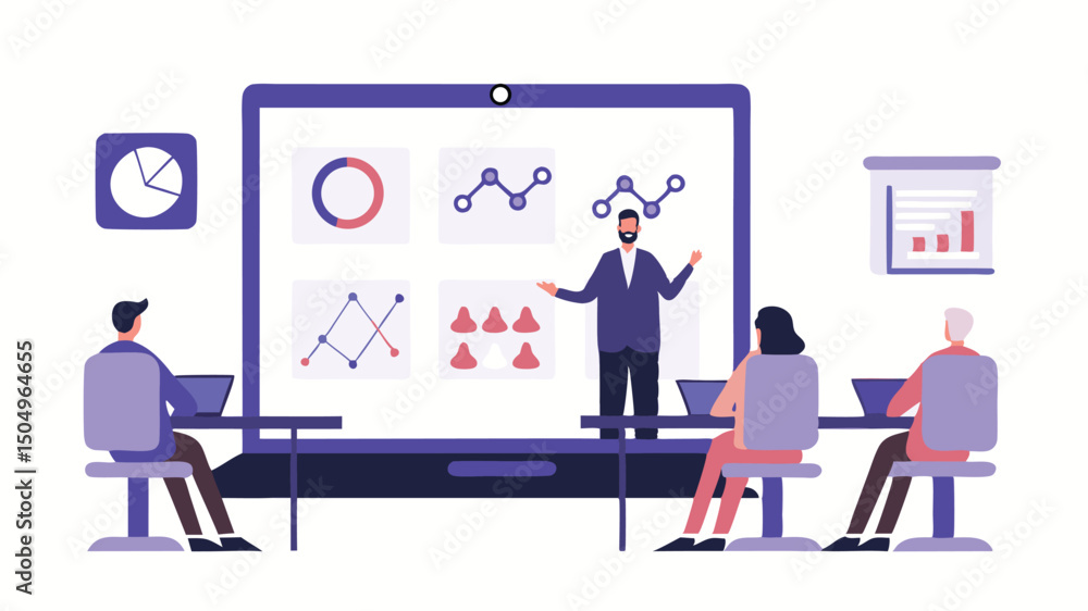 Poster a presentation with charts and graphs being given to a group of people in a business meeting setting