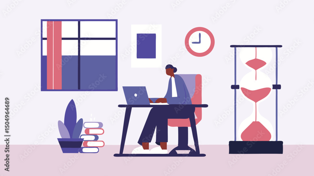 Poster illustration of a person working on a laptop at a desk with an hourglass clock and window in the bac