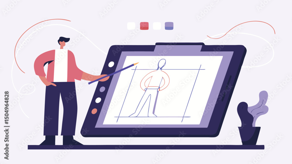 Poster digital artist creating a character sketch on a tablet with a stylus in a modern minimalist workspac