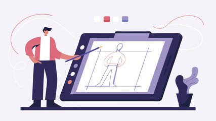 Digital artist creating a character sketch on a tablet with a stylus in a modern minimalist workspace setup