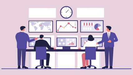 Fototapeta premium Team analyzing data on multiple screens in a control room with charts and graphs displayed clearly seen