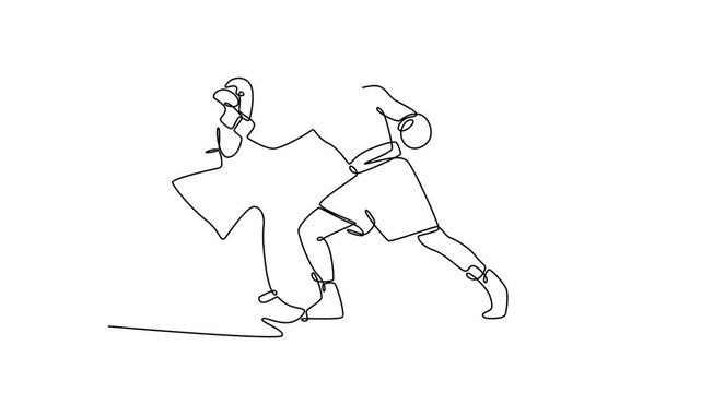 Self drawing animation of single line draw muscular athlete striking his opponent with uppercut during boxing fight. Two young boxers having match in boxing ring. Continuous line. Full length animated