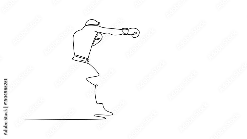 Poster animated self drawing of continuous line draw aggressive man boxer performs jab punch exercise with 