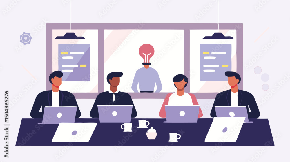 Poster a meeting in progress with four individuals seated at a table with laptops and a presenter in the ba