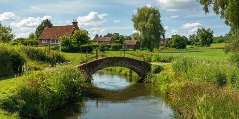 Naklejka premium A picturesque countryside setting with a small bridge leading to a quiet village