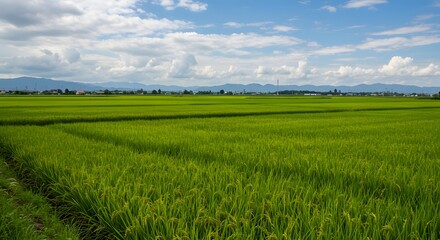 Obraz premium Expansive green rice fields in the countryside under a blue sky with white clouds, showcasing the beauty of fertile rural nature. 