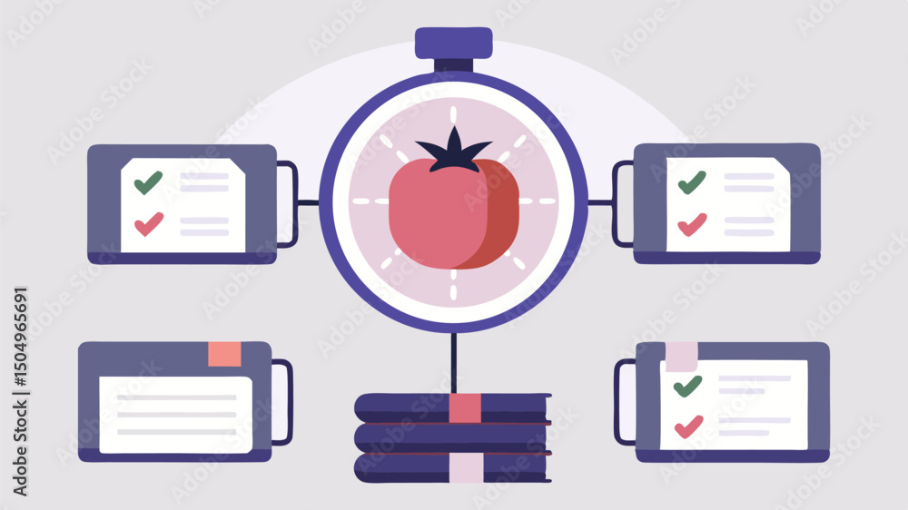 Poster a pomodoro timer illustration showing a tomato inside a clock surrounded by tasks and a stack of boo
