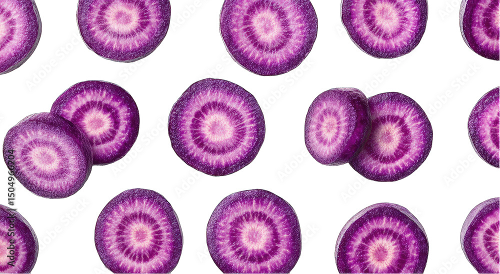 Poster a vibrant pattern of uniformly sliced, dark purple root vegetables with concentric rings, set agains