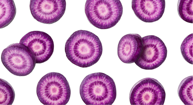 A vibrant pattern of uniformly sliced, dark purple root vegetables with concentric rings, set against a black background