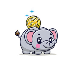 Cute Cartoon Elephant Saving Coin Money, Illustration Icon Vector, Animals Business, Cartoon Style Flat.