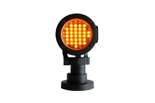 Compact, circular, matte-black LED light fixture with an array of bright orange LEDs, mounted on a small, adjustable base