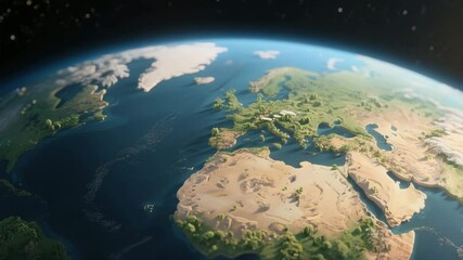 A stylized 3d earth with slow-moving clouds and mist above the planet, subtle atmospheric motion, detailed continents, cinematic lighting, and smooth natural movement create a dynamic, immersive view 