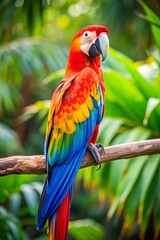 Obraz premium Scarlet macaw perched on branch tropical paradise