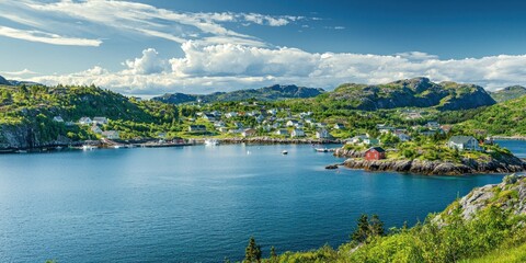 A picturesque Norwegian village nestled between lush green hills and deep blue waters