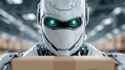 Fototapeta premium AI Robot in Warehouse Automated Ecommerce Shipping Logistics Technology
