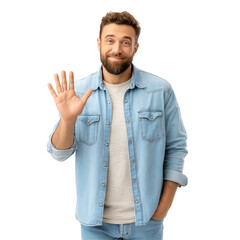 Smiling man in denim jacket waving hello, isolated on white background