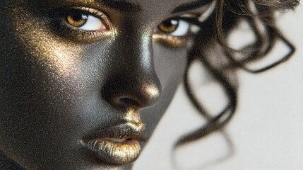 Glamorous Woman Face Close up  Gold Glitter Makeup  Dark Skin  Curly Hair
