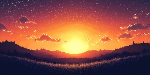 A pixelated sunset over a minimalist, geometric landscape