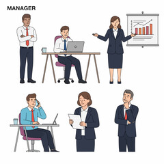Vector set of 6 manager characters in different poses. Flat design, simple and minimalist style. Plain white background.