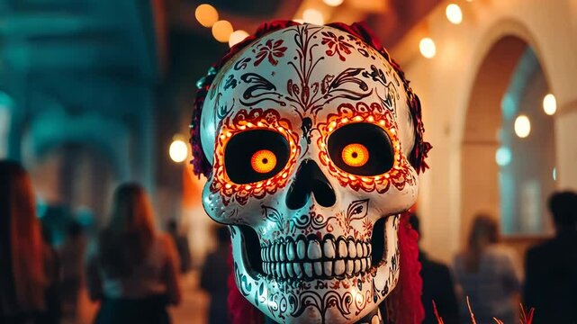 Colorful decorative skull with intricate patterns and glowing eyes stands out against blurred background festive celebration, embodying cultural traditions and vibrant atmosphere. Generative 4k video.