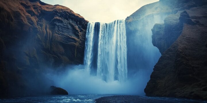 A powerful waterfall plunging from a high ridge, creating mist that rises into the air - Powered by Adobe