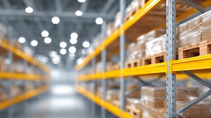 Fototapeta premium Modern Warehouse Interior Yellow Racking Pallets Boxes Logistics Storage