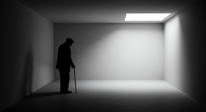Elderly man standing with cane in empty room with natural light   - Powered by Adobe