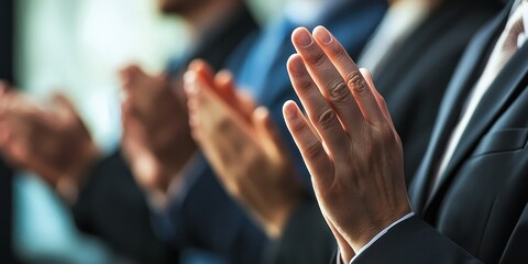 A professional giving a speech at a corporate event, receiving applause