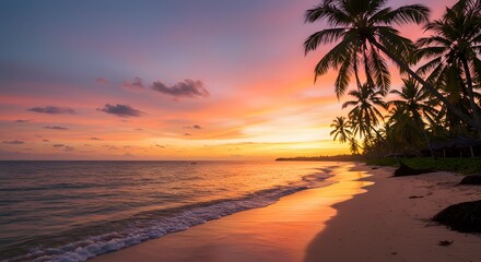 Fototapeta premium Beautiful sunset on a tropical beach with palm trees. 