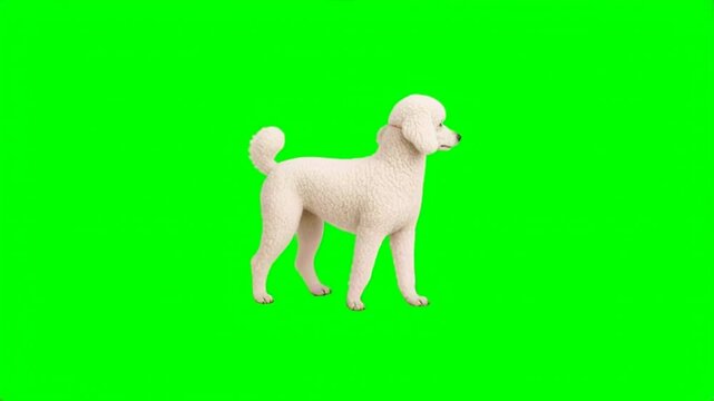 Side view of a white poodle walking on green screen background, generative AI