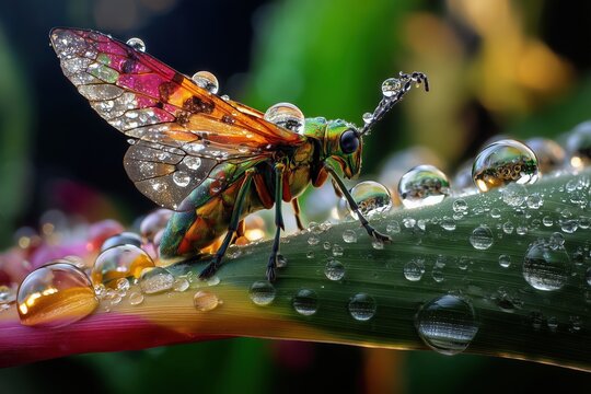 Jeweled Insect on Leaf with Dew Drops &ndash; Macro Nature Beauty