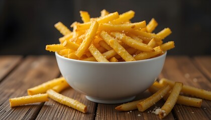 "French Fries Overflowing White Bowl on Wooden Table with Dark Background for Food Photography"