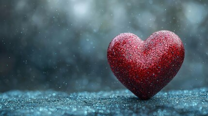 Obraz premium Red glitter heart on a textured surface, soft focus background