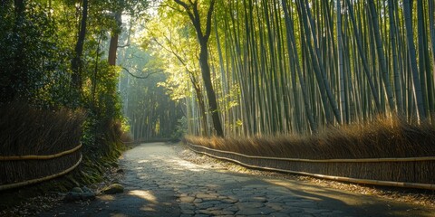 Fototapeta premium A quiet path winding through a dense bamboo forest, with dappled sunlight creating patterns on the ground