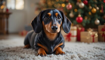 "Adorable Dachshund Waiting for Christmas Holiday Festive Pet Photography"