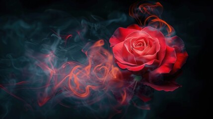 A stunning red rose with smokey, fiery accents, emerging from a dark and mysterious background.