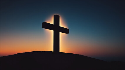 Silhouette wooden cross on mountain sunset background/ Cross of Jesus on a hill at sunrise/ Good Friday, Holy concept