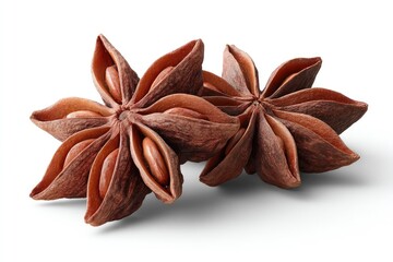 Two star anise spices, close-up.  Dried, brown star-shaped spice pods, with visible seeds inside, are displayed against a pure white background.  The intricate details of the spice are visible