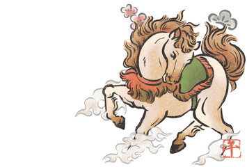 年賀状2026　年賀2026　午　午年　馬　うま　墨絵　水墨画　水彩　日本画　テンプレート　デザイン